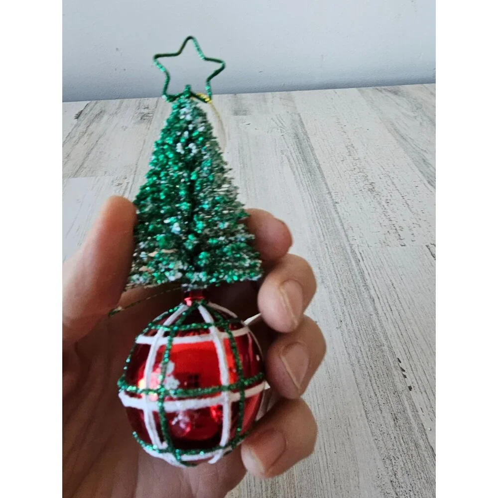 Roman Glitter tree ball ornament unique Xmas sparkle red green plaid striped sta